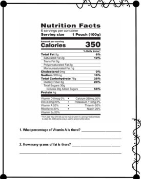 Life Skills Nutrition Label Reading & Comprehension Questions Worksheets