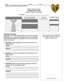 Preview of Nutrition Facts Food Label - Analysis Worksheet