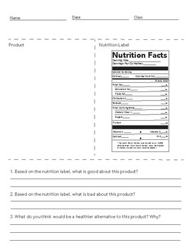 Preview of Nutrition Facts Worksheet