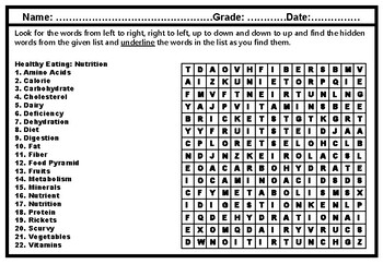 nutrition healthy eating word search worksheet health sub plan