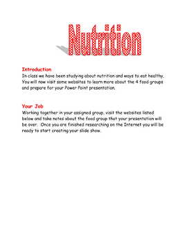 Preview of Nutrition Webquest - Grades 2-3