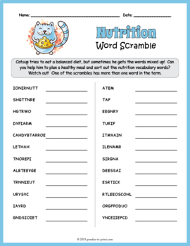 Nutrition Word Scramble Worksheet Activity By Puzzles To Print Tpt