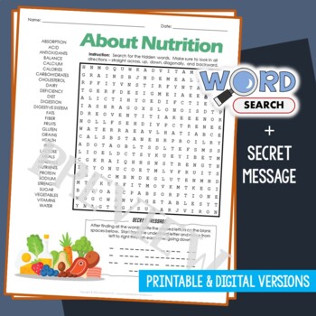 Preview of Health and Nutrition Word Search Vocabulary Activity Test/Quiz Review Worksheet
