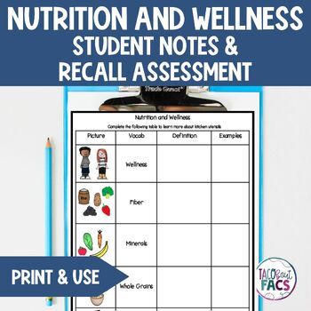 Preview of Nutrition and Wellness Vocabulary Student Notes and Two Assessments