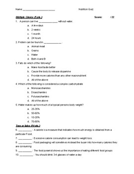Preview of Nutrition quiz / worksheet WITH ANSWER KEY