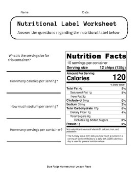 Preview of Nutritional Label Worksheet