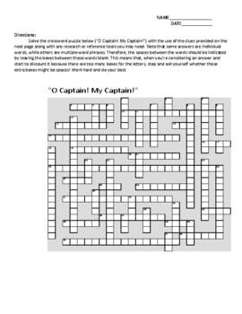 O Captain Themed Crossword Puzzle with Answer Key by Jennifer Parker