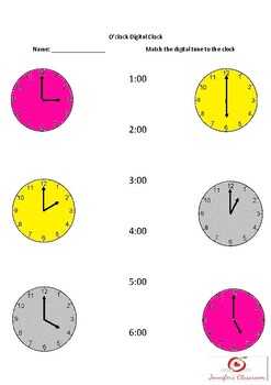 time o clock match digital time worksheets by jennifer s classroom