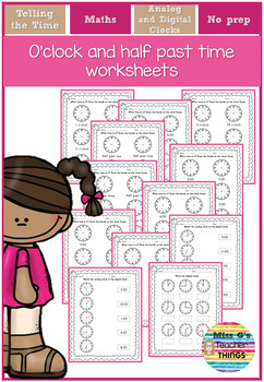 Preview of O'clock and half past time - digital and analogue - maths worksheets