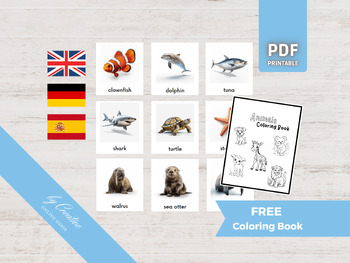 Preview of OCEAN ANIMALS • 32 Montessori Cards • German English Spanish Sea Flash Card
