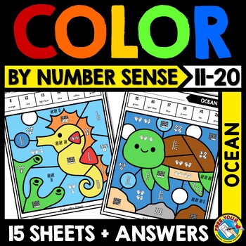 Preview of OCEAN MATH COLOR BY TEEN NUMBER SENSE SUMMER ACTIVITY JUNE COLORING PAGE SHEET