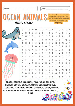 Preview of OCEAN - SEA - MARINE LIFE & ANIMALS Word Search Puzzle Worksheet Activity