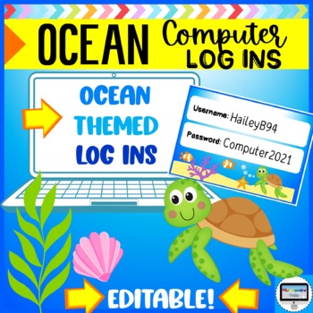 Preview of OCEAN THEME COMPUTER LOG IN CARDS - EDITABLE POWERPOINT INCLUDED