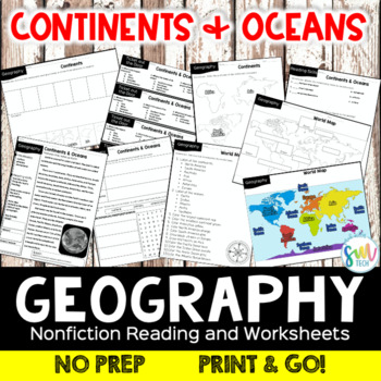 Preview of OCEANS AND CONTINENTS Nonfiction Reading Worksheets (2nd, 3rd, 4th) NO PREP!