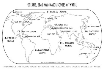 Preview of OCEANS, SEAS and MAJOR BODIES of WATER WORD SCRAMBLE - DISTANCE LEARNING