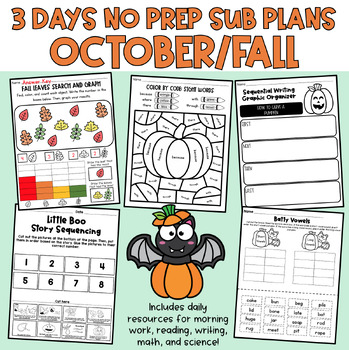 Preview of OCTOBER SUB PLANS: 3 Days No Prep Sub Plans 2nd Grade Halloween Fall Autumn