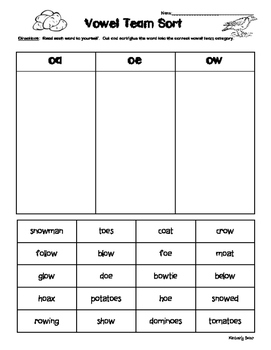 OE OA and OW Vowel Team Sorting Activity Worksheet by 4 Little Baers