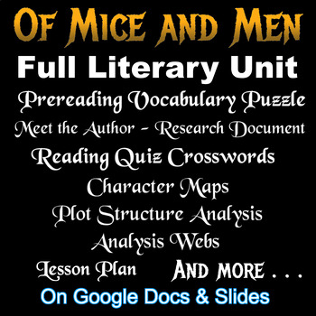 Preview of OF MICE AND MEN -- FULL LITERARY UNIT (Quizzes, Character & Plot Maps, etc.)