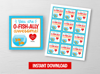 Preview of OFISHALLY Awesome Valentine Card, Goldfish Square Tags, School Exchange Ideas