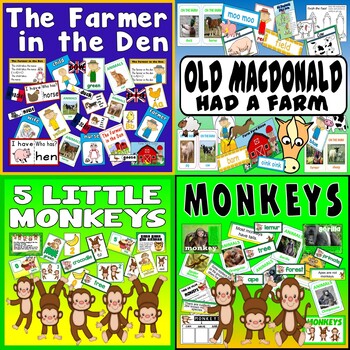 Preview of OLD MACDONALD HAD A FARM, FARMER IN THE DEN, FIVE LITTLE MONKEYS - ANIMAL RHYMES