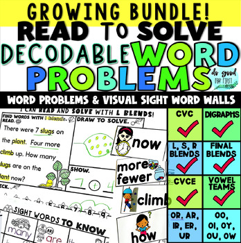 Preview of ON SALE NOW >  Decodable Word Problems GROWING BUNDLE - with Visual Word Walls!