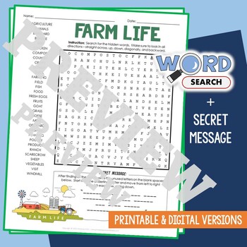 Preview of ON THE FARM Word Search Puzzle Activity Vocabulary Worksheet With Secret Message