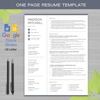 Preview of ONE PAGE RESUME Template Google Docs and Google Slides + Educator Writing Guide