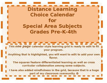 Preview of ONE SHEET Distance Learning for Special Area Subjects Grades Pre-K-4