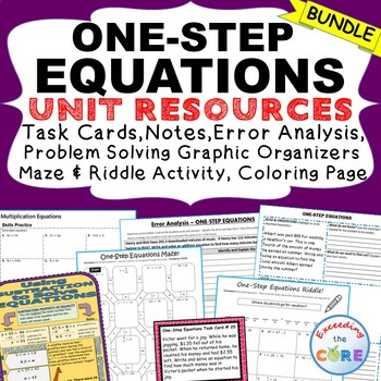 Preview of ONE-STEP EQUATIONS Bundle Task Cards, Error Analysis, Notes, Puzzles, Practice