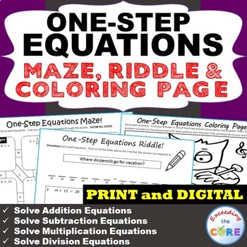 Preview of ONE-STEP EQUATIONS Maze, Riddle, Coloring | Google Classroom | Print and Digital