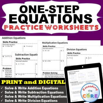 Preview of ONE-STEP EQUATIONS Practice | Skills Fluency & Word Problems | Print or Digital
