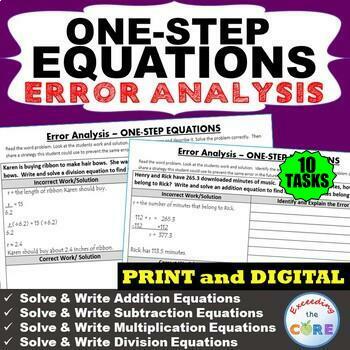 Preview of ONE-STEP EQUATIONS Word Problem Error Analysis Find the Error | PRINT OR DIGITAL