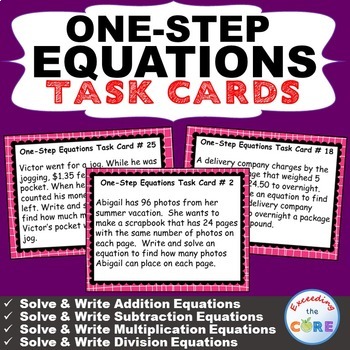 Preview of ONE-STEP EQUATIONS  Word Problems - Task Cards {40 Cards}