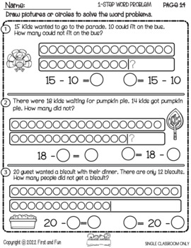 ONE STEP WORD PROBLEMS THANKSGIVING iREADY WORKSHEETS by First and Fun