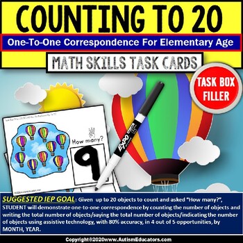 Preview of ONE TO ONE CORRESPONDENCE Counting HOT AIR BALLOONS Task Cards Task Box  Filler