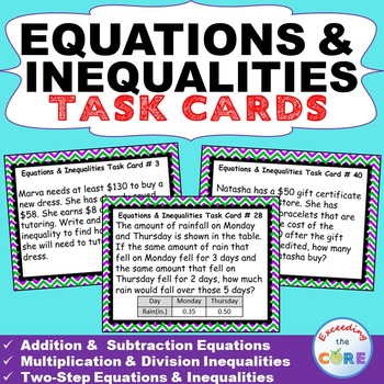Preview of EQUATIONS & INEQUALITIES Word Problems - Task Cards {40 Cards}