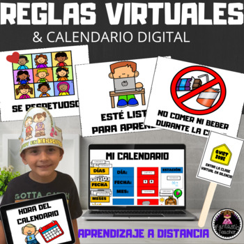 Preview of ONLINE MEETING CLASSROOM RULES, VISUALS AND DIGITAL MATH CALENDAR IN SPANISH