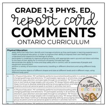Preview of ONTARIO Physical Education Report Card Comments Grade 1-3