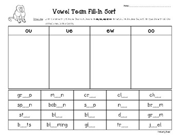 oo ew ue ou vowel team fill in sort by 4 little baers tpt