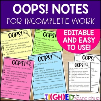 Preview of Editable OOPS Incomplete Work Notes Home | Behavior, Absence, Extra Practice