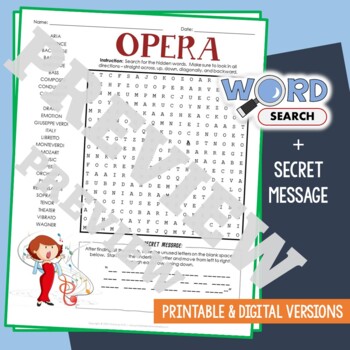 Preview of OPERA Word Search Puzzle Activity Vocabulary Worksheet With Secret Message