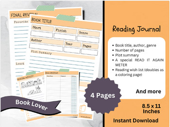 Preview of ORANGE Reading Diary, Book Lover, Printable Reading Log With Summary