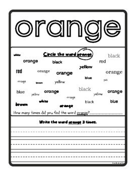 ORANGE-Sight Color Word Practice- 12 printable worksheets by From the ...