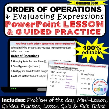 Preview of ORDER OF OPERATIONS,  EVALUATE EXPRESSIONS PowerPoint Lesson | Distance Learning