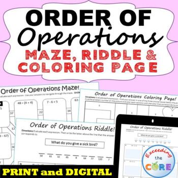 Preview of ORDER OF OPERATIONS Mazes, Riddles & Color by Number | Print or Digital