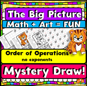 Preview of ORDER OF OPERATIONS NO exponents MYSTERY DRAW PUZZLE!  SO FUN! x & dot TIGER