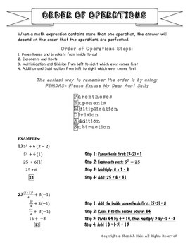 order of operations pemdas notes reference sheet and