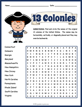 Preview of ORIGINAL 13 (THIRTEEN) COLONIES Word Search Worksheet - 3rd,4th,5th,6th Grade