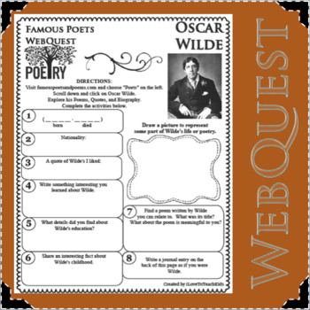 Preview of OSCAR WILDE Poet WebQuest Research Project Poetry Biography Notes