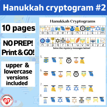 Preview of #2 OT HANUKKAH cryptogram worksheets Decode words/phrases 10 pages no prep